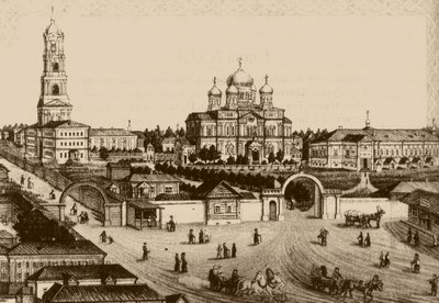 Общий вид Серафимо-Дивеевского монастыря. С литографии начала XX века